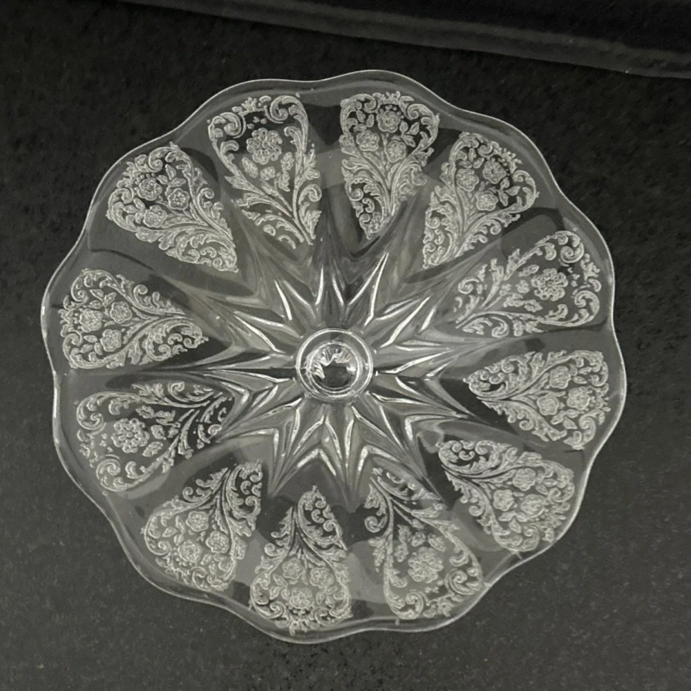 Beautiful small Pressed Glass Floral Pedestal Stand, Scalloped Edge, Round